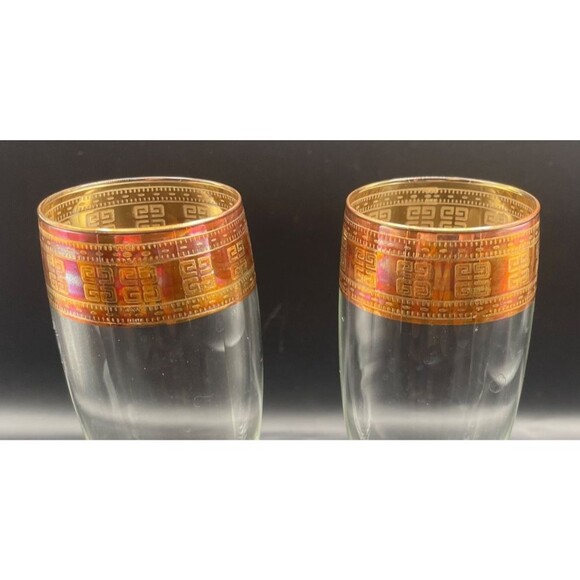 Set Of 2 Murano J Preziosi Glasses Flutes with Gold Greek Key Rim Italy - Picture 5 of 13